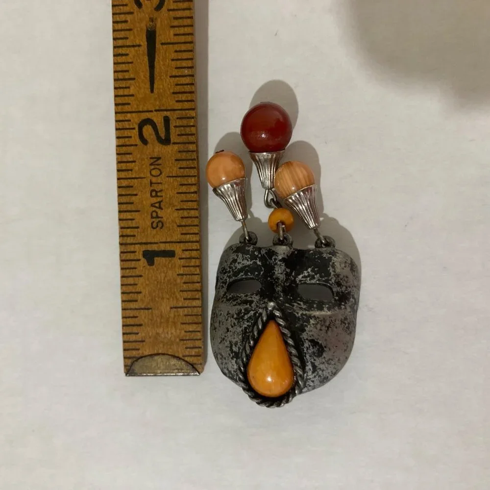 Vintage Tribal Mask Brooch With Orange And Amber Colored Beads